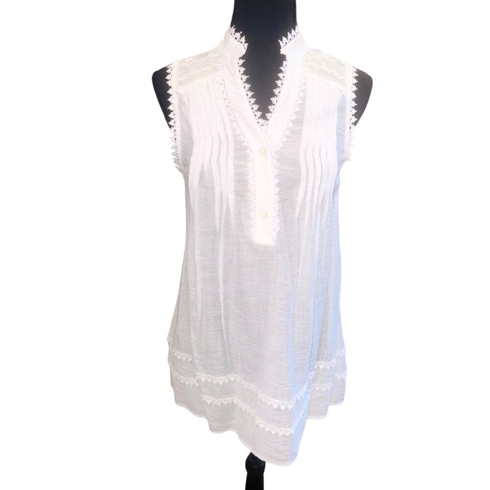 Anthropologie Blue Pepper Sleeveless White Boho Tunic Top Lace Mandarin Collar C